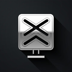 Fototapeta premium Silver Railroad crossing icon isolated on black background. Railway sign. Long shadow style. Vector.