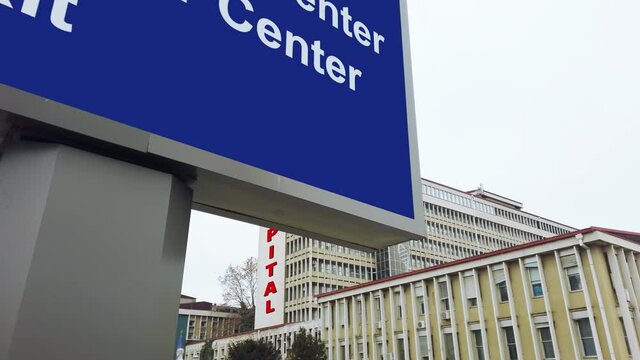 Modern hospital and emergency sign, establishment shoot