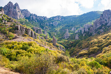 Fototapeta na wymiar View on a green valley with mountain background