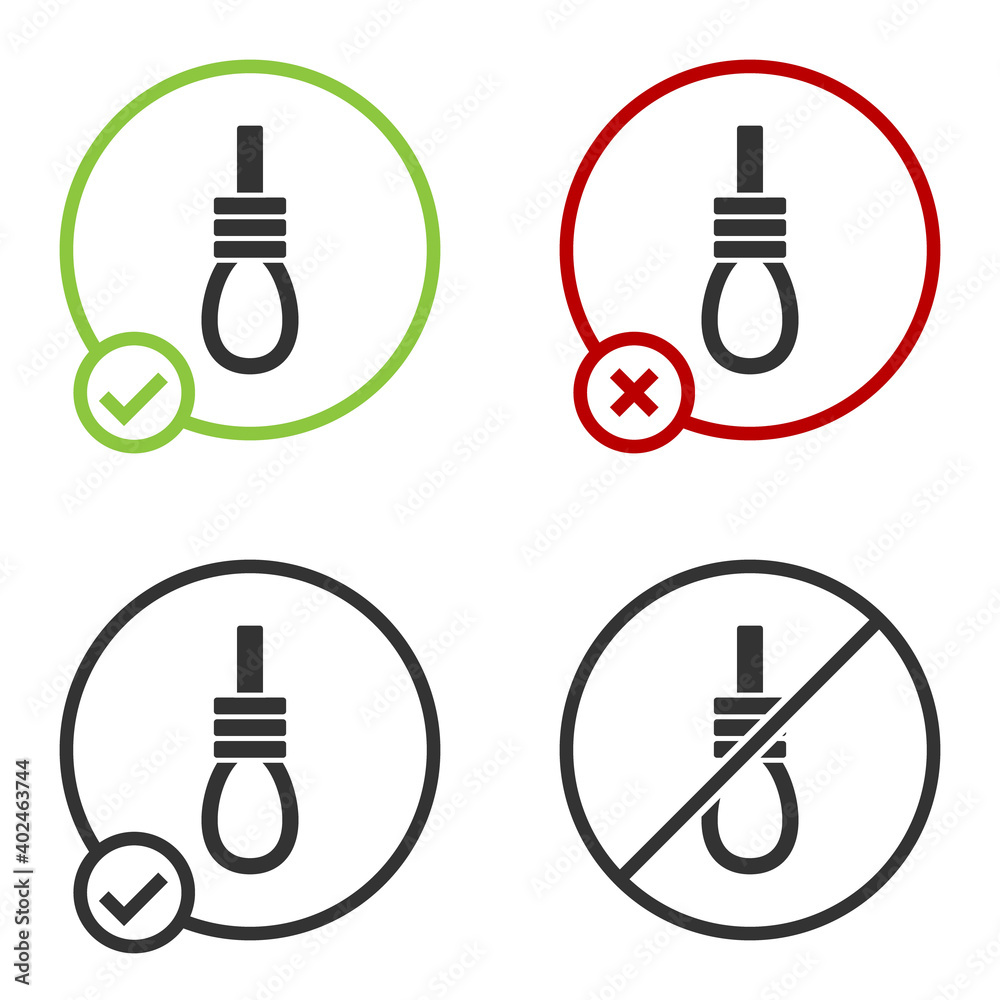 Sticker black gallows rope loop hanging icon isolated on white background. rope tied into noose. suicide, ha