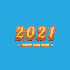 Cartoon 2021 Happy new year label or greeting card with colorful numbers and greeting text. Happy new year label or icon isolated on blue background