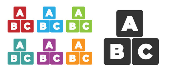 Black ABC blocks icon isolated on white background. Alphabet cubes with letters A,B,C. Set icons colorful. Vector.