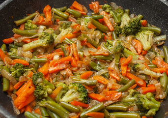 fried vegetables in a pan, top view