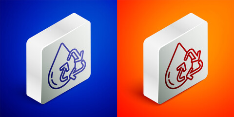 Isometric line Recycle clean aqua icon isolated on blue and orange background. Drop of water with sign recycling. Silver square button. Vector Illustration.