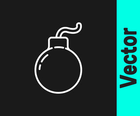 White line Bomb ready to explode icon isolated on black background. Vector Illustration.