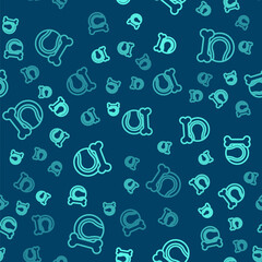 Green line Pet toys bone rubber and ball icon isolated seamless pattern on blue background. Vector.