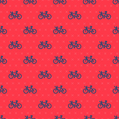 Blue line Bicycle icon isolated seamless pattern on red background. Bike race. Extreme sport. Sport equipment. Vector.