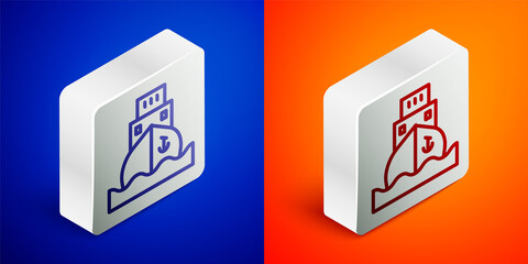 Isometric line Cargo ship icon isolated on blue and orange background. Silver square button. Vector.