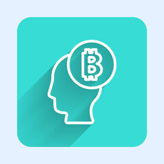 White line Bitcoin think icon isolated with long shadow. Cryptocurrency head. Blockchain technology, digital money market, cryptocoin wallet. Green square button. Vector.