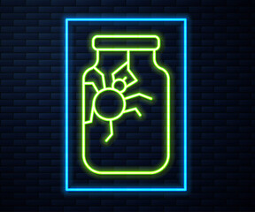 Glowing neon line Spider in jar icon isolated on brick wall background. Happy Halloween party. Vector.
