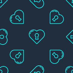 Green line Heart with keyhole icon isolated seamless pattern on blue background. Locked Heart. Love symbol and keyhole sign. Vector.