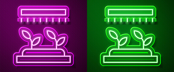 Glowing neon line Automatic irrigation sprinklers icon isolated on purple and green background. Watering equipment. Garden element. Spray gun icon. Vector.