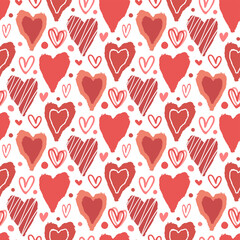 Beautiful red and pink different hearts isolated on white background. Cute seamless pattern. Vector flat graphic hand drawn illustration. Texture.