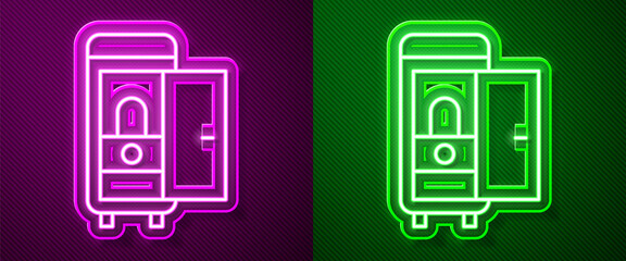 Glowing neon line Toilet in the train car icon isolated on purple and green background. Vector.