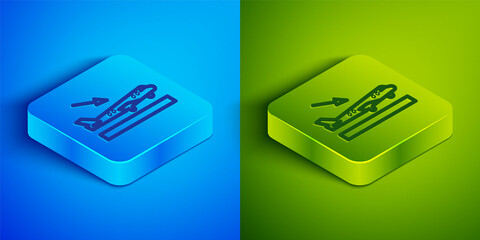 Isometric line Plane landing icon isolated on blue and green background. Airplane transport symbol. Square button. Vector.