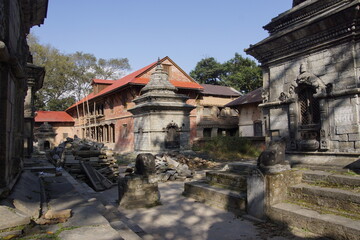 Destroyed Pashupatinath Temple complex after big earthquake (2015) in Nepal.