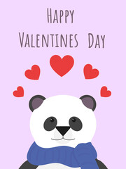 Portrait of a cute panda. Valentine's Day card. Cute Panda wishes you Happy Valentine's Day. Red hearts on the background. Vector