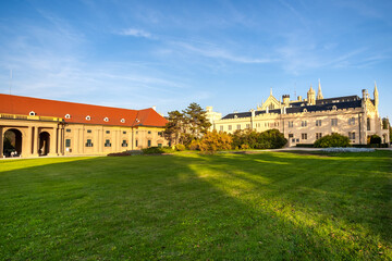 Green gardens in Lednice castle Chateau yard in Moravia, Czech Republic. UNESCO World Heritage Site.