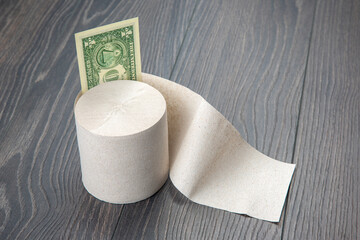 toilet paper with dollar bill on wooden background