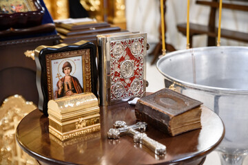 inside Russian church, accessories for baptism