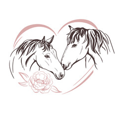 Horses portrait with flowers, peonies. Couple in love, heart.  Illustration. Vector. Sketch hand drawn. Graphics, giclee, invitation