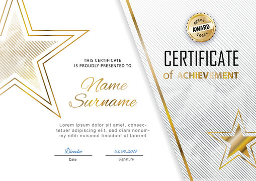 Official certificate with gold, transparent design elements and gold star. Business modern design. Gold emblem