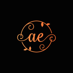 Letter AE Decorative, Classy Monogram logo inside a circular stalk, stem, or root with floral, leaves ornament. Letter AE florist logo. AE wedding logo, crafting logo