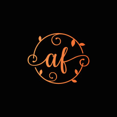 Letter AF Decorative, Classy Monogram logo inside a circular stalk, stem, or root with floral, leaves ornament. Letter AF florist logo. AF wedding logo, crafting logo