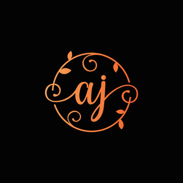 Letter AJ Decorative, Classy Monogram logo inside a circular stalk, stem, or root with floral, leaves ornament. Letter AJ florist logo. AJ wedding logo, crafting logo