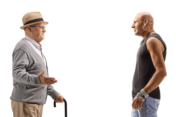 Elderly man with a cane and a male hipster having a conversation