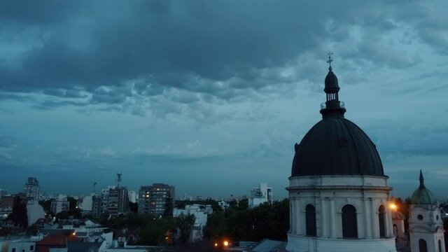 Night aerial view of a dome in the devotee neighborhood. Buenos Aires. Argentina.