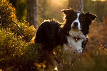 the brown border collie at the sunrise