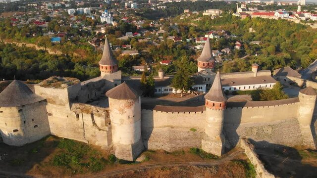 Kamianets Podilskyi Castle in Ukraine. Aerial, drone perspective