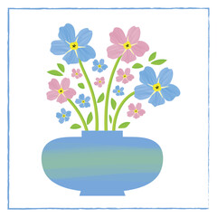 Vase of Forget-Me-Not floral isolated illustration. Painterly watercolor shading effect pink blue mysotis flowers in beautiful containers. Hand drawn botanical design for spring or summer concept