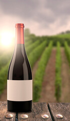 Fototapeta premium Bottle of wine with vineyard background.