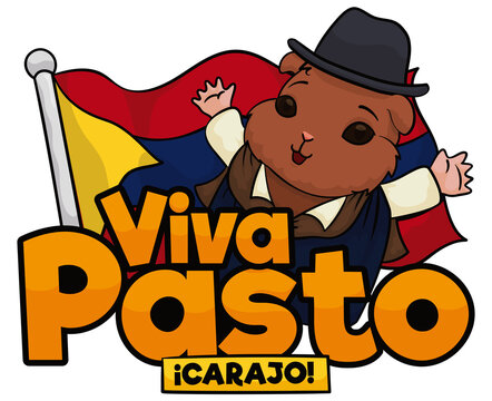 Guinea Pig over Pasto City Flag and Greeting for the Carnival, Vector Illustration