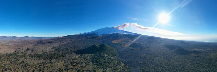 Virtual reality 180 degree panoramic view of the Etna volcano with its lava flows and its secondary craters.