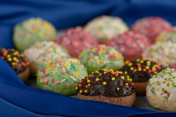Colorful sweet small doughnuts with sprinkles