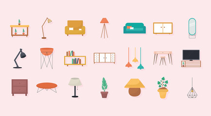 bundle of interior decor icons on a pink background