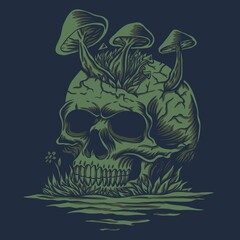 Skull mushrooms in river vector illustration