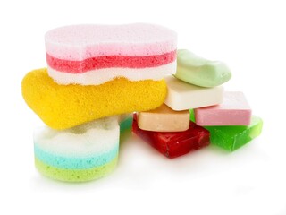 multicolor soaps,washing gloves and cosmetics in bathroom