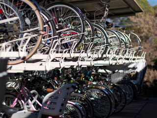 Tokyo,Japan-December 23, 2020: Well-organized Double stacked bicycle parking equipment
