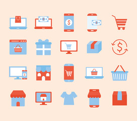 set of online shopping icons on a salmon color background
