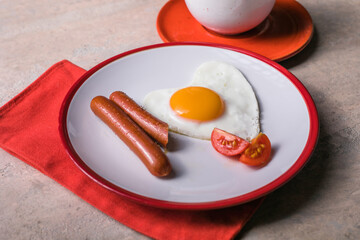 Valentine's day breakfast concept. Valentines fried eggs in the shape of a heart, coffee with heart