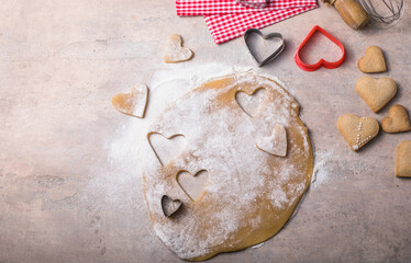 Valentine day baking background. Ingredients for cooking Valentine's heart.  Top view copy space.