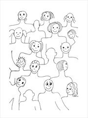 faces of people - hand drawn. Crowd of abstract people. Flat design, vector illustration. Comic illustrations.
