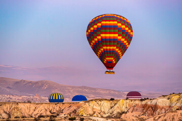 Fototapeta na wymiar Multicolored Colorful hot air balloons in Cappadocia, bottom shooting angle