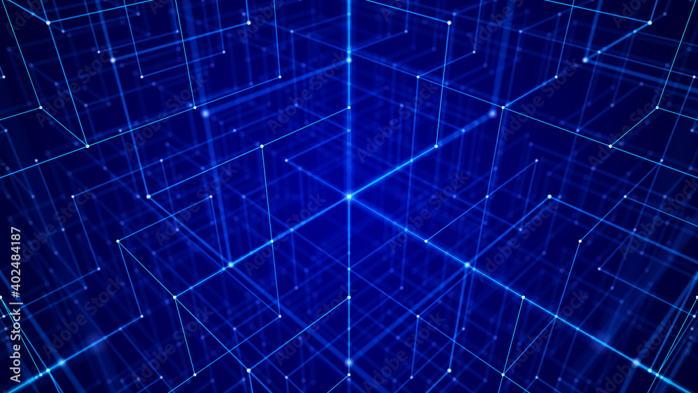 Poster blockchain. network of connected dots and lines. big data. abstract digital background. grid. 3d ren