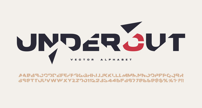 Sliced sans serif vector alphabet, cut font, letter and number set