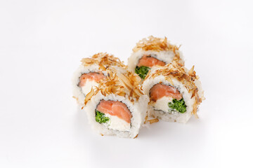 Sushi rolls with tuna shavings on a white plate. Isolated. Restaurant concept. Close-up.